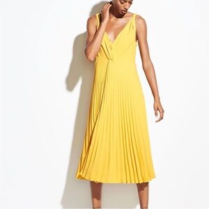 VINCE Pleated Twist Front Midi Dress in Limonata Yellow size 6 NWT